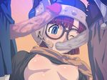 bitchen blue_eyes breasts censored chrono_trigger crono fellatio glasses helmet huge_penis lucca_ashtear magus nipples one_eye_closed oral penis purple_hair saliva shiny small_breasts solo_focus tears 