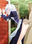  1girl against_wall ass ass_grab bent_over blush braid censored closed_eyes clothed_sex doggystyle dress dress_lift hetero izayoi_sakuya maid open_mouth penis re-so sex short_hair solo_focus touhou twin_braids vaginal white_hair 