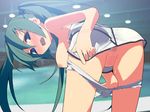  ass bad_id bad_pixiv_id bent_over blue_eyes blush breasts censored fang green_hair hands kusaka_kokage large_breasts long_hair mosaic_censoring nipples original panties panty_pull pulled_by_self pussy solo twintails underwear white_panties 