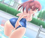  ass ass_grab bent_over blush breasts censored chain-link_fence day dutch_angle fence from_behind grabbing_own_ass green_eyes kemu large_breasts long_hair looking_back mosaic_censoring one-piece_swimsuit original outdoors ponytail pool poolside presenting pussy red_hair sideboob solo swimsuit swimsuit_aside swimsuit_pull thigh_gap topless water wet wide_hips 