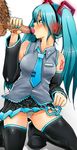  1girl aqua_hair bad_id bad_pixiv_id bar_censor blush censored detached_sleeves fellatio green_hair handjob hatsune_miku headphones hetero long_hair male_pubic_hair nakasone_haiji necktie oral panties penis pubic_hair skirt solo_focus striped striped_panties thighhighs twintails underwear vocaloid 