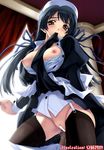  andou_tomoya artist_name black_hair blush breasts breasts_outside brown_eyes censored garter_straps hair_ribbon highres large_breasts long_hair maid mouth_hold nipples open_clothes open_shirt original penis pussy pussy_juice ribbon scan sex shirt solo_focus thighhighs vaginal 