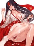  black_hair blue_eyes blush breasts censored cum cum_on_body cum_on_breasts cum_on_hair cum_on_upper_body facial hakama headband japanese_clothes large_breasts long_hair miko nipple_slip nipples puffy_nipples pussy queen's_blade red_hakama saiki_keita solo spread_pussy tomoe 