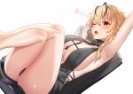  1girl absurdres akame_(akame_ga_kill!) arm_up armpits ass bangs black_hair black_panties black_sweater blonde_hair blush breasts chair cleavage covered_nipples deogho_(liujinzy9854) hair_between_eyes highres korean_commentary large_breasts meme_attire multicolored_hair one_eye_closed open_mouth original over_shoulder panties red_eyes simple_background sitting solo streaked_hair sweater thighs two-tone_hair underwear virgin_killer_sweater white_background yawning 