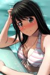  1girl absurdres bangs bare_shoulders bikini black_hair blurry blurry_background blush breasts brown_eyes bursting_breasts closed_mouth commentary_request depth_of_field eyebrows_behind_hair hand_on_hand highres large_breasts long_hair looking_at_viewer matsunaga_kouyou original pool poolside smile solo straight_hair striped striped_bikini striped_swimsuit swimsuit water white_bikini white_swimsuit 