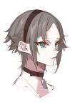  1boy black_choker black_hairband blue_eyes brown_hair choker closed_mouth eyelashes eyes_visible_through_hair face grey_background hairband hatching_(texture) hoe-l long_eyelashes male_focus multicolored_eyes mysta_rias nijisanji nijisanji_en orange_hair simple_background sketch solo upper_body virtual_youtuber 