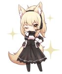  1girl animal_ear_fluff animal_ears arknights armor bangs black_dress black_footwear black_gloves blonde_hair blush boots breastplate chibi commentary_request dress full_body gloves headphones highres horse_ears kinakonato long_hair looking_at_viewer nearl_(arknights) one_eye_closed ponytail shoulder_armor simple_background solo standing white_background yellow_eyes 