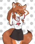  2021 anthro biped black_bottomwear black_clothing black_skirt bottomwear canid canine centinel303 clothed clothing female fox fur grey_eyes hair inner_ear_fluff long_hair mammal multicolored_body multicolored_fur orange_body orange_fur orange_hair shirt simple_background skirt solo topwear tuft two_tone_body two_tone_fur white_body white_fur yellow_sclera 