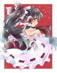  1girl alternate_hairstyle armpits bangs black_hair blush border bow commentary detached_sleeves floral_background frilled_bow frills from_behind gradient_hair hair_bow hair_tubes hakurei_reimu highres long_hair looking_at_viewer mikama multicolored_hair outside_border over_shoulder ponytail red_background red_bow red_eyes red_vest smile solo touhou upper_body vest 