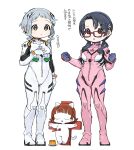  2girls :3 :o animal_ears ayanami_rei ayanami_rei_(cosplay) bangs black_hair blush_stickers bodysuit breasts cat_ears cat_tail clenched_hands closed_eyes commentary_request cosplay crown_(symbol) crucifixion expressionless food fork full_body grey_hair hair_ornament hairband hand_on_own_chest hands_up highres idolmaster idolmaster_million_live! lilith_(evangelion) lilith_(evangelion)_(cosplay) long_hair looking_away low_twintails makabe_mizuki makinami_mari_illustrious makinami_mari_illustrious_(cosplay) medium_breasts multiple_girls neon_genesis_evangelion nonohara_akane pink_bodysuit plugsuit pudding red-framed_eyewear red_eyes saucer short_hair sidelocks small_breasts snowflake_print spawnfoxy standing tail takayama_sayoko translation_request twintails v-shaped_eyebrows wavy_hair white_background white_bodysuit yellow_eyes 
