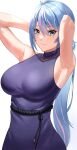  1girl armpits arms_behind_head azura_cecillia bangs blue_dress blue_eyes blush breasts commentary_request dobure18 dress hair_between_eyes highres impossible_clothes impossible_dress jewelry large_breasts long_hair looking_at_viewer mole mole_on_armpit multicolored_hair necklace nijisanji nijisanji_id pink_hair rope_belt simple_background sleeveless sleeveless_dress smile solo streaked_hair turtleneck upper_body virtual_youtuber 