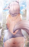  1girl absurdres ass azur_lane back backboob backless_dress backless_outfit blue_dress blue_sky branch breasts cameltoe cloud day dress facing_away from_behind highres panties samip shinano_(azur_lane) shoulder_blades sky solo standing symbol-only_commentary tail thighs tree underwear white_hair white_panties white_tail window 