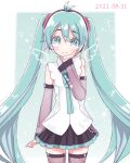  1girl aegissanp ahoge angel_wings arms_up bangs blue_eyes blue_hair blush_stickers collared_shirt dated detached_sleeves hair_ornament hand_on_own_cheek hand_on_own_face hatsune_miku hatsune_miku_(nt) headphones highres long_hair long_sleeves looking_at_viewer necktie pleated_skirt see-through see-through_sleeves shirt skirt sleeveless sleeveless_shirt smile solo thighhighs twintails very_long_hair vocaloid wings 