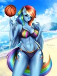  2022 absurd_res anthro ashimaroo ball basketball_(ball) beach clothing cloud cutie_mark detailed_background digital_media_(artwork) equid equine eyebrows female fingers friendship_is_magic hasbro hi_res looking_at_viewer mammal my_little_pony navel outside pegasus pinkie_pie_(mlp) seaside solo water wet wet_body wings 