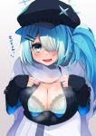  1girl absurdres asymmetrical_bangs bangs black_sweater blue_archive blue_eyes blue_hair bra breasts cabbie_hat cape cleavage hair_ornament hair_over_one_eye hairclip halo hat highres hiyori_(blue_archive) lace-trimmed_bra lace_trim long_hair looking_at_viewer open_clothes open_shirt sacha scarf side_ponytail skirt sweater underwear white_cape white_scarf white_skirt 