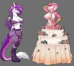  absurd_res alexandra_reznova anthro big_breasts breasts cake cobra dessert duo female food fur green_eyes hi_res pink_body pink_skin pop_out_cake purple_body purple_fur purple_skin reptile scalie sergal snake white_body white_fur white_skin yellow_eyes 