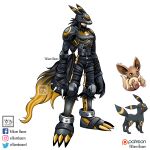  :3 absurdres armor artist_name black_hair claws digimon eevee english_commentary full_body helmet highres parody pokemon red_eyes reference_inset solo standing style_parody tail umbreon villiamboom1 white_background yellow_eyes 