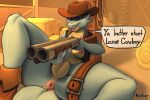  anthro barn breasts clothing cowboy_hat cowgirl_outfit dialogue digital_media_(artwork) female genitals gun hat hay hay_bale headgear headwear hi_res holding_object holding_weapon kobold nipples nootkep pussy ranged_weapon solo solo_focus speech_bubble weapon 