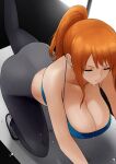  1girl absurdres all_fours amemuchizakuro ass bangs bare_shoulders breasts cleavage closed_eyes collarbone dress dripping exercise from_above highres huge_breasts leg_lift midriff nami_(one_piece) one_piece orange_hair pants ponytail sidelocks sports_bra stretch sweat tank_top window yoga_mat yoga_pants 