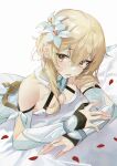  1girl bangs bare_shoulders blonde_hair buri_(retty9349) detached_sleeves dress flower genshin_impact grey_background hair_flower hair_ornament highres long_hair looking_at_viewer lumine_(genshin_impact) open_mouth simple_background solo white_dress white_flower yellow_eyes 
