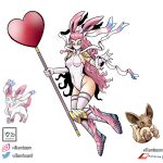  1girl :3 absurdres armored_boots artist_name blue_eyes boots digimon eevee elbow_gloves english_commentary full_body gloves heart highres holding holding_staff leotard long_hair mask mouth_mask ninja_mask parody pink_hair pokemon reference_inset solid_eyes solo staff style_parody sylveon tail thighhighs very_long_hair villiamboom1 white_background yellow_eyes 