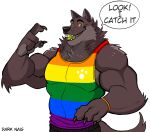  2022 absurd_res anthro artist_name ball ball_in_mouth biceps big_muscles bottomwear bracelet canid canine canis claws clothing darknaigart dialogue english_text eyebrows fur gesture happy hi_res jewelry lgbt_pride male mammal muscular muscular_anthro muscular_male pecs pointing pride_color_clothing pride_color_shirt pride_color_tank_top pride_color_topwear pride_colors rainbow_pride_colors shirt simple_background smile solo standing tank_top teeth tennis_ball text topwear tuft white_background wolf 