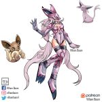  :3 artist_name claws digimon eevee english_commentary full_body grey_eyes highres leotard long_hair parody pink_hair pink_legwear pink_leotard pokemon reference_inset solo style_parody tail thighhighs very_long_hair villiamboom1 white_background yellow_eyes 