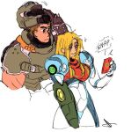  1boy 1girl arm_cannon armor artist_request bangs blonde_hair blue_eyes bodysuit cellphone crossover doom_(series) doom_eternal doomguy gun helmet long_hair metroid metroid_dread mole mole_under_mouth muscular phone ponytail power_suit praetor_suit samus_aran sidelocks simple_background smile weapon 