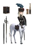  1girl absurdres animal_ears bangs belt_pouch black_cape black_gloves black_headwear black_jacket book braided_tail breasts cape centaur chinese_commentary closed_mouth commentary_request full_body gloves hair_between_eyes half_gloves hat hat_feather highres horse_tail jacket long_hair looking_at_viewer medium_breasts military military_hat military_jacket monster_girl multiple_legs original pouch red_eyes sheath sidelocks simple_background solo standing sword tail taur unsheathed weapon white_background white_hair zhayoulu 