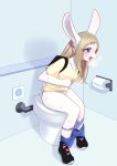  2022 anthro backpack bathroom blonde_hair blue_eyes bodily_fluids bottomwear bottomwear_down clothed clothing feces female fur hair lagomorph leporid mammal panties panties_down pants pants_down partially_clothed pooping rabbit sitting sitting_on_toilet solo sweat toilet_use underwear underwear_down unoroute unousaya white_body white_fur 