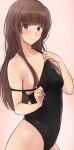  1girl absurdres amagami bangs black_swimsuit blunt_bangs breasts brown_background brown_eyes brown_hair clothes_pull competition_swimsuit cowboy_shot highres kamizaki_risa long_hair one-piece_swimsuit simple_background small_breasts solo standing swimsuit swimsuit_pull yoo_tenchi 