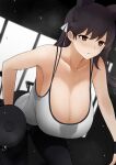  1girl absurdres all_fours amemuchizakuro animal_ears armpits atago_(azur_lane) azur_lane bangs bare_shoulders black_hair breasts cleavage collarbone concentrating flying_sweatdrops hair_ribbon highres huge_breasts indoors looking_ahead orange_eyes ribbon sweat sweaty_clothes tank_top weightlifting weights white_tank_top window wrist_cuffs 