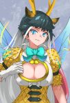  1girl absurdres black_hair blue_bow blue_bowtie blue_eyes bow bowtie breasts cleavage_cutout clothing_cutout commentary gloves gradient_hair highres horns kemono_friends kirin_(kemono_friends) large_breasts long_hair looking_at_viewer multicolored_hair solo tanabe_(fueisei) underbust upper_body white_gloves white_hair 