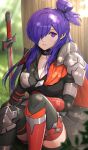  1girl armor bangs black_choker black_dress black_legwear breasts choker cleavage collarbone dress feet_out_of_frame fire_emblem fire_emblem:_three_houses fire_emblem_warriors:_three_hopes gonzarez hair_over_one_eye half_updo highres knee_pads large_breasts long_hair looking_at_viewer lying outdoors pauldrons planted planted_sword purple_eyes purple_hair shez_(fire_emblem)_(female) shoulder_armor sitting solo sword thighhighs tree weapon 