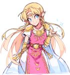  1girl artist_request blonde_hair blue_eyes blush breasts circlet dress earrings hair_ornament jewelry long_hair looking_at_viewer pointy_ears princess_zelda simple_background smile solo super_smash_bros. the_legend_of_zelda the_legend_of_zelda:_a_link_between_worlds 