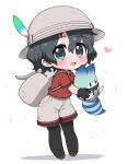  1girl backpack bag black_gloves black_hair black_legwear blue_eyes blush commentary_request gloves grey_shorts hat_feather heart helmet highres kaban_(kemono_friends) kemono_friends lucky_beast_(kemono_friends) pantyhose pith_helmet ransusan red_shirt shirt short_hair short_sleeves shorts solo t-shirt 