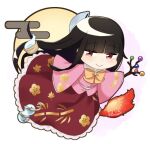  1girl bangs black_hair blunt_bangs branch brown_eyes chibi closed_mouth commentary frilled_skirt frills full_body hime_cut houraisan_kaguya jeweled_branch_of_hourai long_hair long_skirt long_sleeves looking_at_viewer moon nupeya pink_shirt red_skirt shiny shiny_hair shirt simple_background skirt sleeves_past_wrists smile solo touhou twitter_username watermark wide_sleeves 