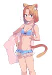  1girl animal_ear_fluff animal_ears bare_arms bare_shoulders bikini blue_bikini blue_eyes breasts brown_hair cat_ears cat_girl cat_tail collarbone groin hand_on_hip highres holding holding_innertube innertube looking_at_viewer medium_hair navel original saiste simple_background small_breasts solo stomach swimsuit tail white_background 