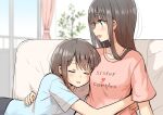 2girls betock blue_eyes blurry blush brown_hair closed_eyes couch depth_of_field english_text hand_on_another&#039;s_back head_on_chest highres hug indoors long_hair multiple_girls open_mouth original shirt short_hair sitting smile t-shirt teeth upper_teeth yuri 