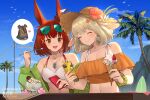  2girls :d ^_^ animal_ears annelie_(dragalia_lost) arknights bikini blue_sky blush breasts brown_bikini brown_hair brown_headwear cleavage closed_eyes closed_mouth cloud commentary commission crossover day dragalia_lost english_commentary flametail_(arknights) flower food fruit green_jacket hair_ornament hat hat_flower heart hentaki holding holding_food holding_phone ice_cream ice_cream_cone jacket medium_breasts multiple_girls navel off-shoulder_bikini off_shoulder open_clothes open_jacket outdoors palm_tree pennant phone rabbit_ears red_flower red_hair sky smile soft_serve spoken_animal spoken_heart straw_hat strawberry string_of_flags swimsuit tree upper_body white_bikini white_flower x_hair_ornament 