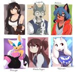  1boy 5girls animal animal_ears animal_hands animal_nose aqua_eyes arm_support arm_warmers artist_name bangs bare_shoulders bat_ears bat_girl bat_wings beastars belt black_bodysuit black_eyes black_hair black_necktie black_wings blue_eyes blue_eyeshadow blue_hair blue_vest blush body_fur bodysuit boots border brand_new_animal breasts brown_eyes brown_hair character_name claws cleavage clothing_cutout collarbone collared_shirt commentary crop_top dress earrings elbow_gloves english_commentary english_text eyeshadow final_fantasy final_fantasy_vii flat_chest from_side furry furry_female furry_male gloves goat_ears goat_girl goat_horns green_fur grey_fur half-closed_eyes hand_up hands_up highres holding holding_animal horns jacket jewelry kagari_atsuko kagemori_michiru knee_boots knees_up leaning_back legoshi legs_together light_blush little_witch_academia long_hair long_sleeves looking_down looking_to_the_side makeup medium_breasts midriff multicolored_eyes multicolored_hair multiple_girls necktie open_mouth outside_border pink_eyes purple_dress rabbit raccoon_ears raccoon_girl raglan_sleeves red_eyes red_jacket rouge_the_bat shirt short_hair shoulder_cutout sidelocks sideways_mouth sitting six_fanarts_challenge sketch sleeveless sleeveless_shirt snout sonic_(series) split_mouth suspenders swept_bangs teranen tifa_lockhart tongue tongue_out toriel two-tone_fur two-tone_hair undertale upper_body vest watermark white_border white_footwear white_fur white_gloves white_hair white_horns white_shirt wings wolf_boy wolf_ears 