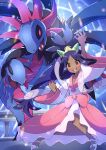  1girl :d absurdres arms_up bangs blush brown_eyes closed_eyes commentary_request dark-skinned_female dark_skin fence happy highres hydreigon iris_(pokemon) looking_at_viewer open_mouth pink_skirt pokemon pokemon_(creature) pokemon_(game) pokemon_bw2 pon_yui ponytail sandals shiny shiny_hair skirt smile teeth tiara toes tongue upper_teeth v-neck white_footwear white_skirt wide_sleeves 
