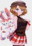  1girl bangs blue_eyes blush bracelet brown_hair brown_vest closed_mouth commentary_request earrings eyelashes grey_headwear hat highres jewelry looking_at_viewer mcmcusg medium_hair pokemon pokemon_(anime) pokemon_(creature) pokemon_journeys red_skirt serena_(pokemon) shiny shiny_skin skirt smile sweater_vest sylveon thighhighs vest 