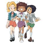  1girl 3girls amphibia anne_boonchuy blonde_hair brown_eyes brown_hair english_text hair_ornament hairclip holding junsui_(omori0310) looking_at_viewer marcy_wu multiple_girls non-web_source sasha_waybright school_uniform shirt short_hair simple_background smile solo 