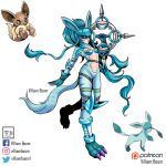  1girl :3 animal_ears armor artist_name blue_eyes blue_hair claws digimon eevee elbow_pads english_commentary full_body glaceon highres holding holding_weapon knee_pads long_hair parody pokemon reference_inset solo style_parody tail very_long_hair villiamboom1 weapon white_background yellow_eyes 