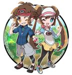  1boy 1girl ;d anniversary bangs blue_jacket blush bodysuit bodysuit_under_clothes bright_pupils brown_hair commentary_request copyright_name double_bun eyelashes fu_(tk1189227dhy) glint green_eyes grey_shorts hair_bun holding holding_poke_ball jacket nate_(pokemon) one_eye_closed open_mouth pantyhose poke_ball poke_ball_(basic) pokemon pokemon_(game) pokemon_bw2 raglan_sleeves red_headwear rosa_(pokemon) shirt shoes short_hair shorts smile sneakers standing twintails visor_cap white_headwear white_pupils yellow_shorts zipper_pull_tab 