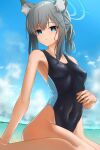  1girl animal_ear_fluff animal_ears bangs blue_archive blue_eyes blue_sky cloud commentary_request competition_swimsuit cross_hair_ornament day dutch_angle grey_hair hair_ornament halo highleg highleg_swimsuit highres horizon medium_hair mismatched_pupils mogurii ocean one-piece_swimsuit outdoors shiroko_(blue_archive) sitting sky solo swimsuit wariza 