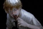  1boy black_background black_necktie bleeding blonde_hair blood blood_on_clothes brown_eyes chainsaw_man collared_shirt commentary denji_(chainsaw_man) from_above hand_up highres injury k041800 looking_down male_focus necktie open_mouth sharp_teeth shirt short_hair signature simple_background solo surprised sweat symbol-only_commentary teeth tongue tongue_out upper_body white_shirt wide-eyed 
