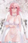  1girl animal_ears arm_at_side artist_name ass_visible_through_thighs bangs bare_shoulders blurry blurry_background blush bra breasts bridal_veil cleavage closed_mouth cowboy_shot crown depth_of_field earrings fox_ears fur_shawl genshin_impact glint hair_between_eyes helloimtea highres jewelry large_breasts lips long_hair nail_polish navel necklace panties pink_hair pink_nails purple_eyes shawl smile solo stomach thigh_gap thighhighs underwear veil very_long_hair white_bra white_legwear white_panties yae_miko 