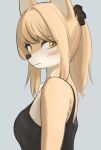  2022 accessory anthro black_nose blush breasts canid canine clothed clothing female fox fur hair hair_accessory hi_res kemono korfiorano looking_at_viewer mammal multicolored_body multicolored_fur ponytail scrunchie shirt solo tan_body tan_fur tan_hair tank_top topwear two_tone_body two_tone_fur white_body white_fur yellow_eyes 